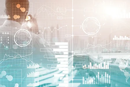 Business person with digital data analyses, diagrams and process visualisations as a BI Symbol
