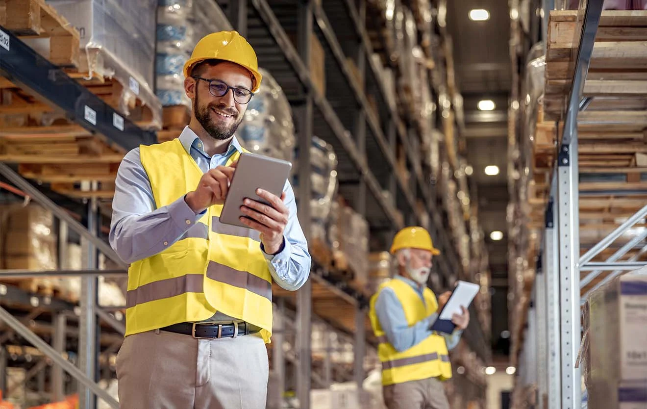 Digitale Lagerverwaltung im Großhandel – mit unserer ganzheitlichen ERP-Lösung unitop Mitarbeiter im Hochregallager bedient ein Tablet, im Hintergrund weitere Fachkraft.