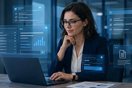 unitop KI-Agenten für smarte Abläufe (KI-generiert) Symbolbild: Frau am Laptop mit digitalen Oberflächen und Analyseanzeigen im Büro (KI-generiert)