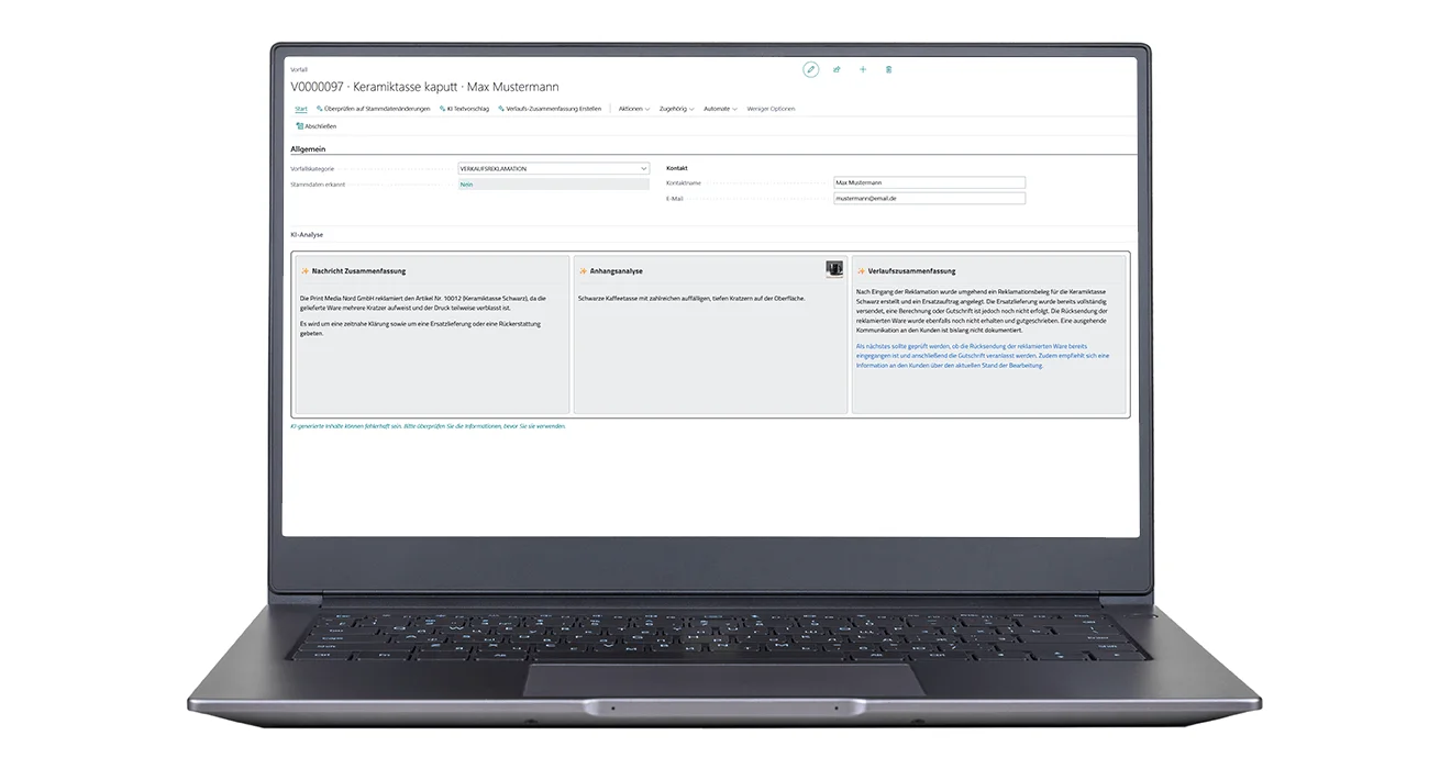 Das Add-on KI Basis im Einsatz: Reklamationsanalyse in unitop Screenshot einer unitop-Funktion mit Add-on KI Basis: Reklamationsanalyse und Zusammenfassung