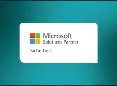 Wir sind Microsoft-Lösungspartner für den Bereich Sicherheit Microsoft-Partnerauszeichnung für den Lösungsbereich Sicherheit auf türkisfarbenem Hintergrund.