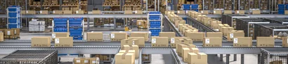 Automated warehouse with boxes on conveyor belts and shelves as a symbol of modern commerce.