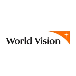 Logo von World Vision mit schwarzem Schriftzug und orangefarbener Ecke mit Kreuz.