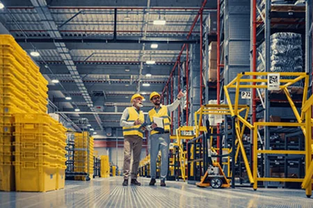 Huge warehouse with yellow boxes, tall shelves, and two employees in reflector vests in the aisle.