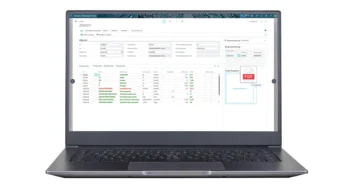 Laptop displays an opened software interface with test results, data fields and PDF upload function