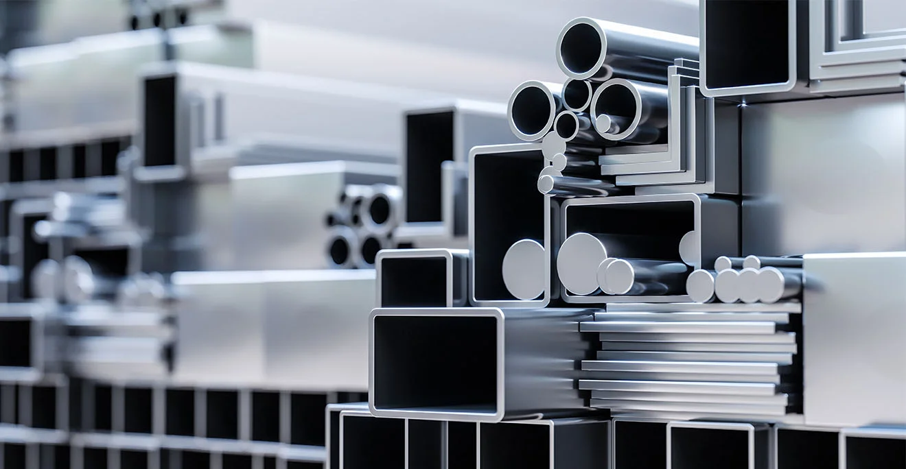 ERP-supported management of semi-finished products and stock forms for the metal trade | unitop Stacked aluminium profiles in various shapes such as round tubes, square tubes and angle profiles