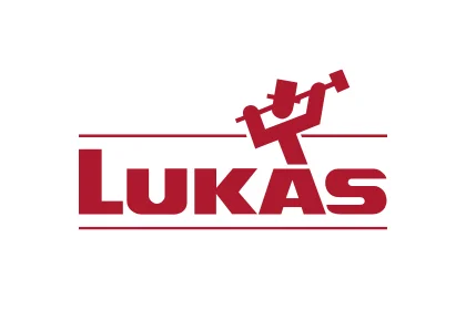 LUKAS-ERZETT GmbH & Co. KG: Logo Rotes Logo „LUKAS“ mit Werkzeug-Piktogramm über dem K; feine Linien ober- und unterhalb.