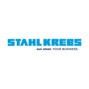Logo STAHL KREBS – our steel. YOUR BUSINESS. Logo von STAHL KREBS in Blau mit Claim „our steel. YOUR BUSINESS.“ auf weißem Hintergrund.