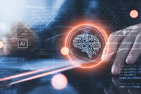 Microsoft KI: Starke Tools für Ihre digitale Transformation Hände bedienen ein Gerät mit digitaler KI-Darstellung und neuronalen Netzwerken im Fokus.