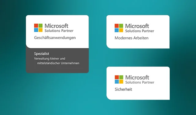 Wir sind Microsoft Solutions Partner: Geschäftsanwendungen, Modernes Arbeiten und Sicherheit Grafik mit drei Solutions-Partner-Badges: Geschäftsanwendungen, Modernes Arbeiten, Sicherheit.