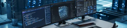 Infrastruktur-Aufbau mit der GOB – für eine leistungsfähige IT Symbolbild: Monitore mit Code und Datenvisualisierung – Infrastruktur-Aufbau der GOB beim Kunden.