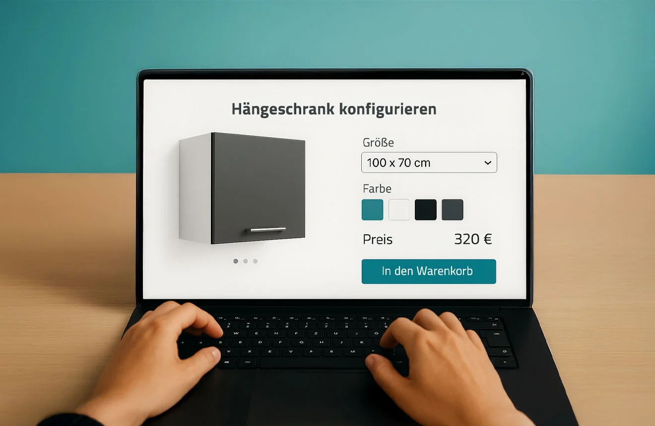 Benutzer konfiguriert am Laptop einen Hängeschrank im Produktkonfigurator