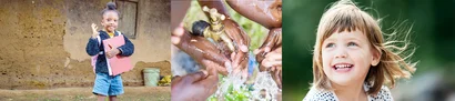 Bildcollage: Kind mit Mappe; Hände am Trinkwasserhahn; Kinderporträt – Symbol für Spendenprojekte.