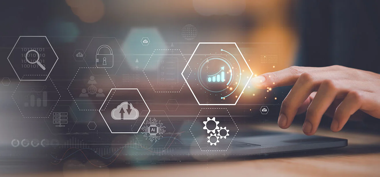 Holistic IT strategy to increase efficiency Icons with all the components of a complex IT infrastructure: Performance icon selected