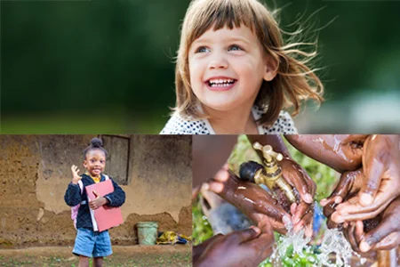 Bildcollage: Kinderporträt; Kind mit Mappe; Hände am Trinkwasserhahn – Symbol für Spendenprojekte.