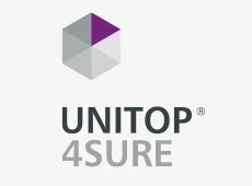 Unser IT-Projektmanagement-Portal unitop4sure wird eingeführt hexagonales unitop4sure-Logo mit lila-eingefärbtem Dreieck oben rechts