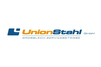 UnionStahl GmbH: Logo Logo „UnionStahl GmbH“ in Blau und Orange mit Zusatz „GROBBLECH-SERVICEBETRIEBE“, klar gesetzt.