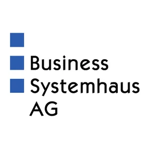Logo of Business Systemhaus AG with three blue squares arranged vertically on a white Background