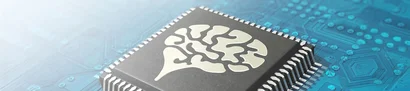 unitop KI: Intelligente branchenspezifische Lösungen | 1905 x 425 Pixel Visualisierung des KI-Add-ons für unitop: stilisierter Chip mit Gehirnstruktur auf blauer Platine