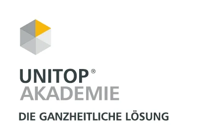 Logo von UNITOP® AKADEMIE: Schriftzug mit Würfel-Symbol in Grau und Gelb, Claim darunter.