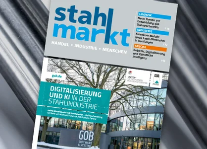 stahlmarkt Januar/Februar 2025: Titelseite | 1905 x 425 Pixel stahlmarkt-Titelseite mit GOB-Beitrag Digitalisierung & KI in in Stahlindustrie vor Stahlhintergrund