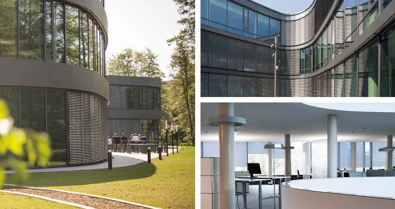 Grüne Technologien in der GOB: Jalousien & Frischluft passen sich den Wetterbedingungen an Collage nachhaltige Architektur des GOB-Gebäudes: Jalousien & Frischluft