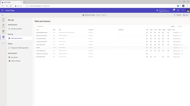 Integrierte Sicherheit in Power Pages – mit den „Table Permissions“ verwalten Sie die Zugriffsrechte. Power Pages-Oberfläche zeigt "Table permissions" mit verschiedenen Tabellenberechtigungen