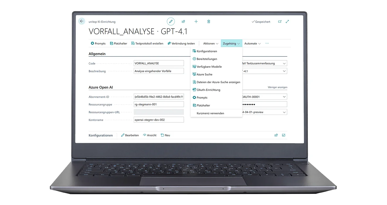Das Add-on KI Basis in der Praxis: Konfiguration Vorfallanalyse Screenshot einer unitop-Funktion mit Add-on KI Basis: Konfiguration zur Vorfallanalyse mit GPT-4.1