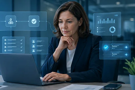 Frau am Laptop mit digitalen Prozess- und Analyseanzeigen im Büro. (KI-generiert)