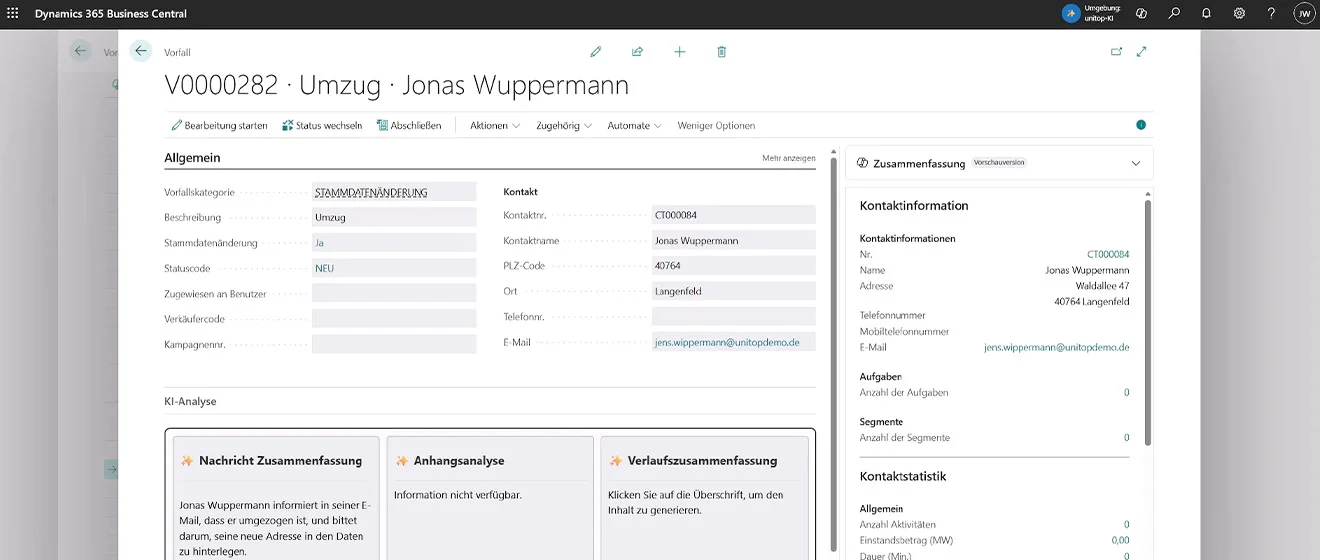 KI-Analyse in unitop – mit dem KI-gestützten Vorfallmanagement unitop Vorfallmanagement in Business Central mit KI-Analyse zu einer Adressänderung.