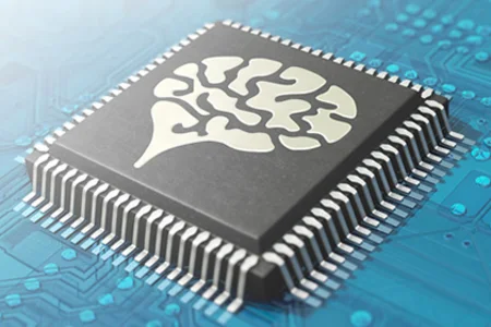 unitop KI: Intelligente branchenspezifische Lösungen Visualisierung des KI-Add-ons für unitop: stilisierter Chip mit Gehirnstruktur auf blauer Platine