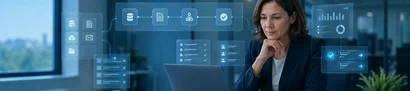 Copilot in Business Central nutzen (KI-generiert) Frau am Laptop mit digitalen Prozess- und Analyseanzeigen im Büro. (KI-generiert)