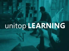unitop Learning geht an den Start! Personen tauschen Wissen im Büro aus, "unitop Learning" vor dunkeltürkisfarbenem Hintergrund.