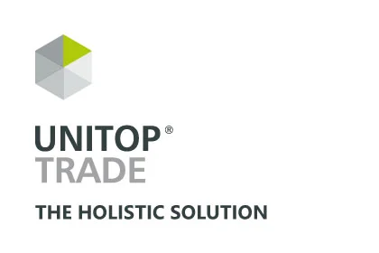 Logo of unitop Trade with grey wordmark, cube symbol and claim “The holistic solution”.