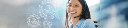 GOB-Fernwartung-Services: Gerne unterstützen wir Sie per Fernsteuerung Lächelnde Support-Mitarbeiterin mit Headset, unterstützt Kunden, Zahnradsymbole für technischen Support.