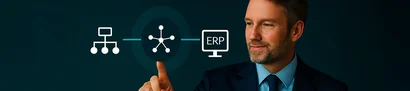 unitop HUB: Intelligent interface between internal network and ERP Man in suit taps on symbol for central interface between system landscape and ERP system