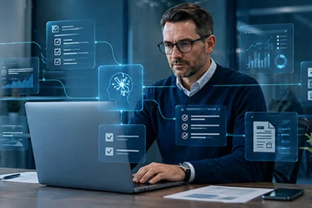 KI-Agenten für vernetzte Prozesse (KI-generiert) Mann am Laptop mit vernetzten KI-Prozessgrafiken in einem Büro (KI-generiert)