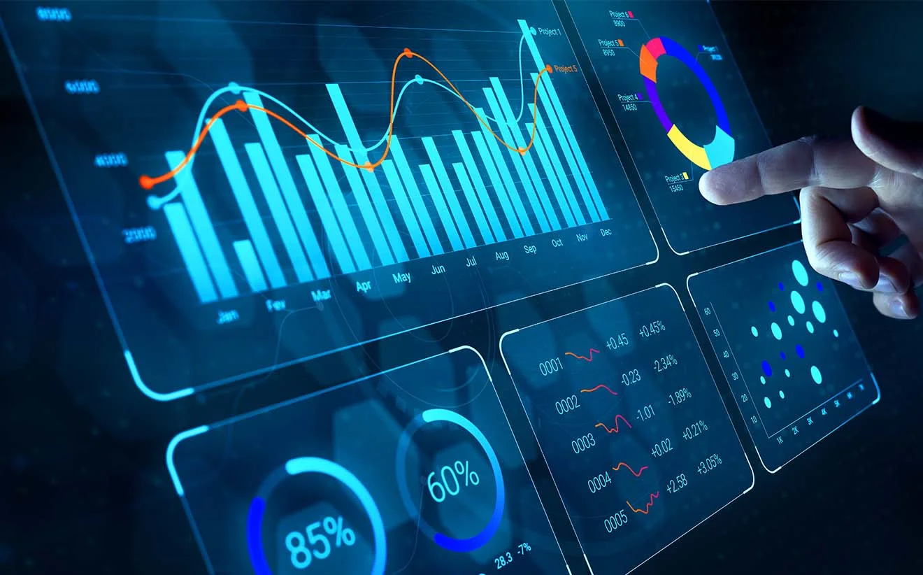Finger taps on interactive dashboard with real-time charts and analytics