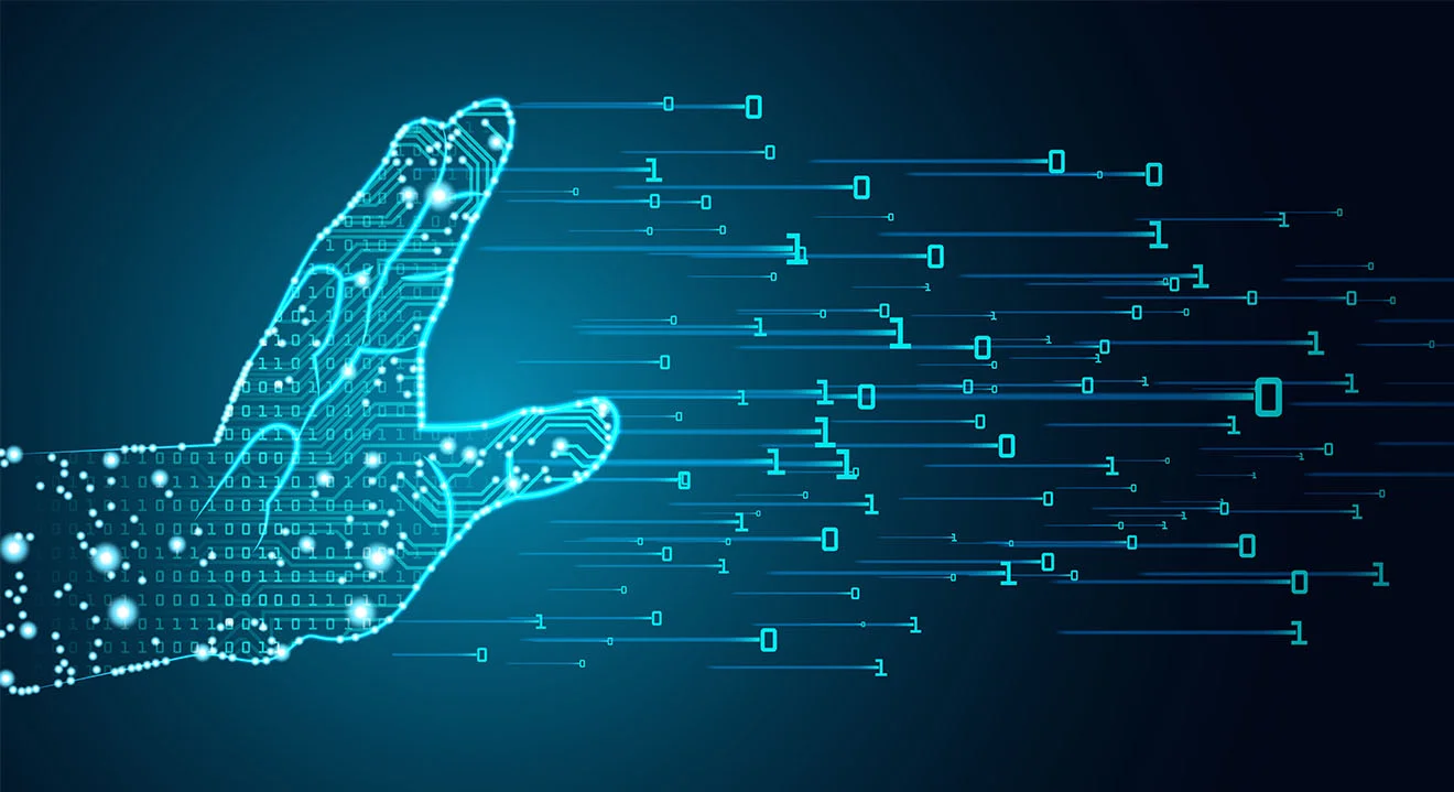 Trainingsdaten für KI Virtuelle blaue Hand schickt Input-Daten in Binärcode an KI