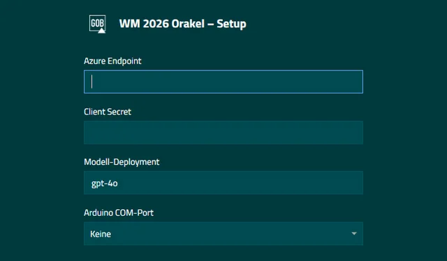Setup-Oberfläche des WM-Orakels 2026 mit Eingabefeldern für Azure Endpoint, Client Secret und Arduino-Port.