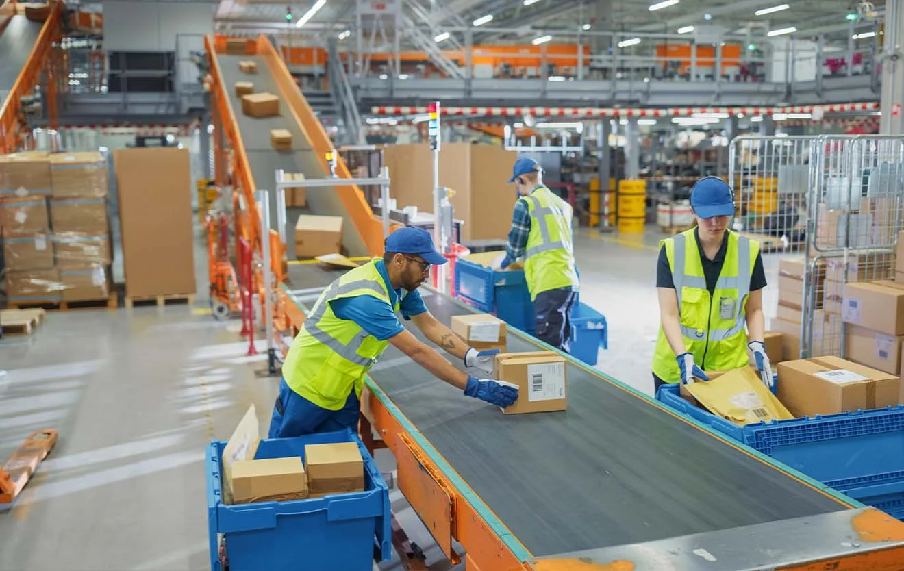 Employees sort parcels on a conveyor belt in a logistics centre.