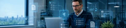 KI-Agenten für vernetzte Prozesse (KI-generiert) Mann am Laptop mit vernetzten KI-Prozessgrafiken in einem Büro (KI-generiert)