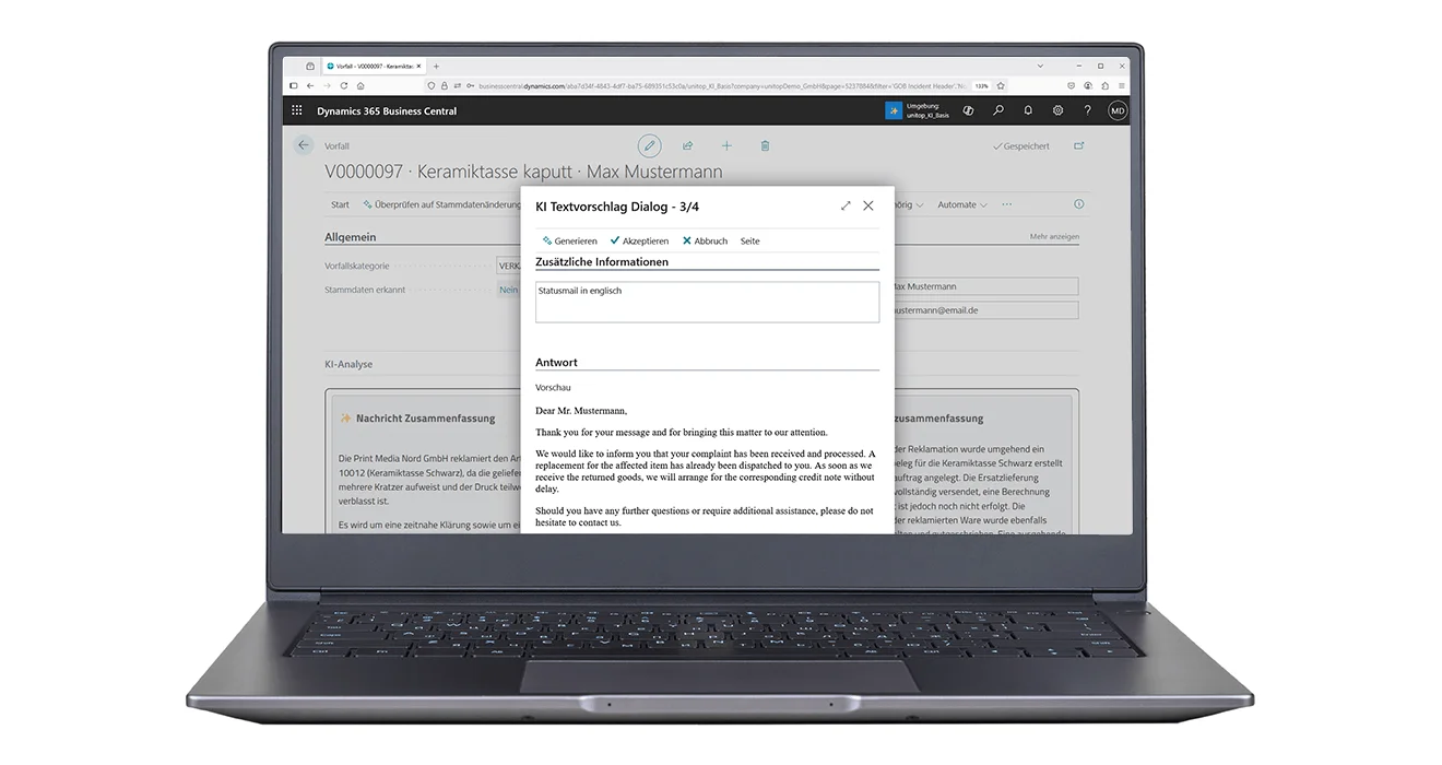 Das Add-on KI Basis im Einsatz: Textvorschlag auf Englisch Screenshot einer unitop-Funktion mit Add-on KI Basis: englischer Textvorschlag bei Reklamationen