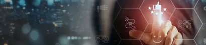 Person taps on customer satisfaction icon on dashboard with numerous customer journey Icons
