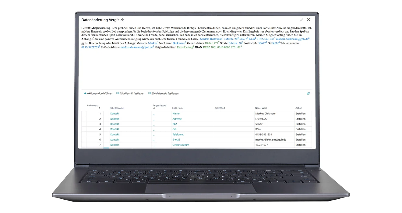 Das Add-on KI Basis im Einsatz: Stammdatenvergleich und Änderungsantrag Screenshot einer unitop-Funktion mit Add-on KI Basis: Datenvergleich bei Änderungsanträgen im Laptop