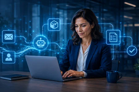 Business Central-Agenten im Einsatz (KI-generiert) Frau am Laptop mit vernetzten KI-Symbolen und Chatbot-Symbol. (KI-generiert)
