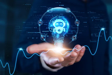 Microsoft Foundry – made for powerful AI innovations One hand holds a glowing light bulb with AI symbols as a digital innovation concept