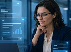 KI-Agenten erweitern das unitop-Ökosystem Eine Frau betrachtet digitale Analyseoberflächen mit eingeblendeten Diagrammen und Daten.