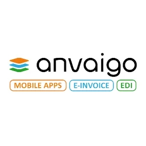 Anvaigo logo with icons and lettering for mobile apps, web apps and EDI solutions for businesses