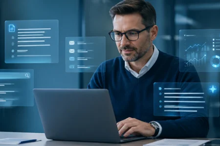 KI-Assistenten im digitalen Arbeitsalltag (KI-generiert) Symbolbild: Mann am Laptop mit digitalen Bedienfeldern in einem Büro (KI-generiert)